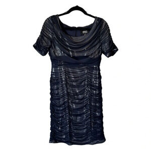 Adrianna Papell Evening Women's Dress Size 8P Navy Mesh Short Sleeve Party Event